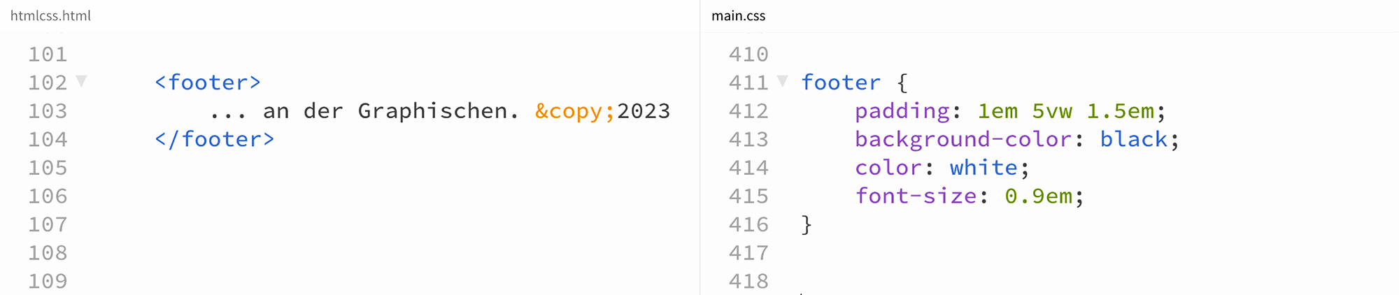Hier ist HTML und CSS für eine Fußzeile zu sehen.